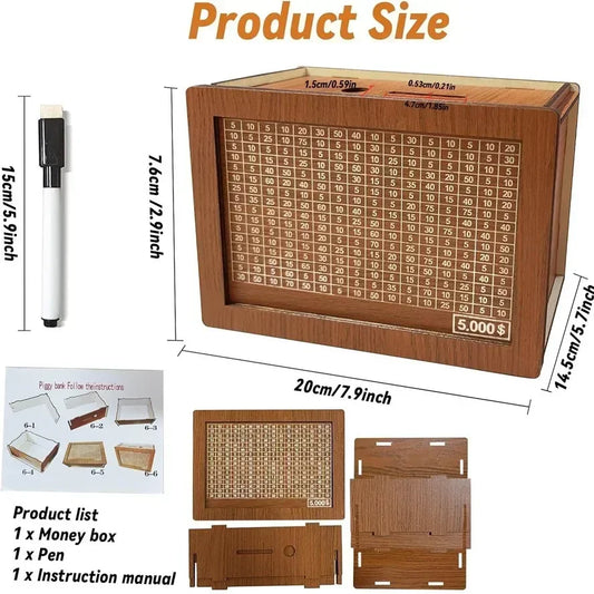 Tirelire en Bois avec Montant Cible et Feutre de Marquage